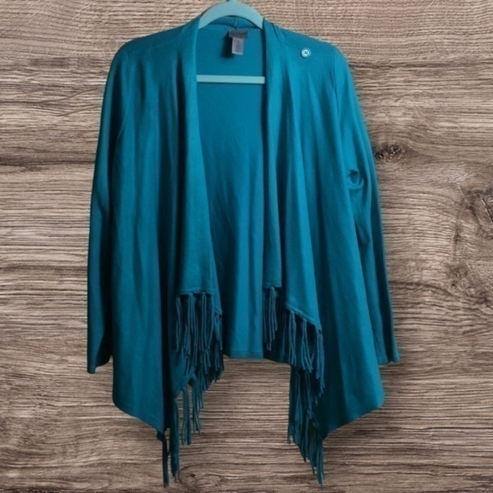 Chicos 1 easywear teal fringe open cardigan. Medium.